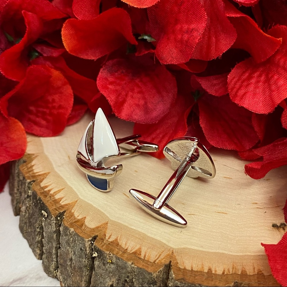 White and Blue Sailboat Cufflinks - Picture 12 of 16